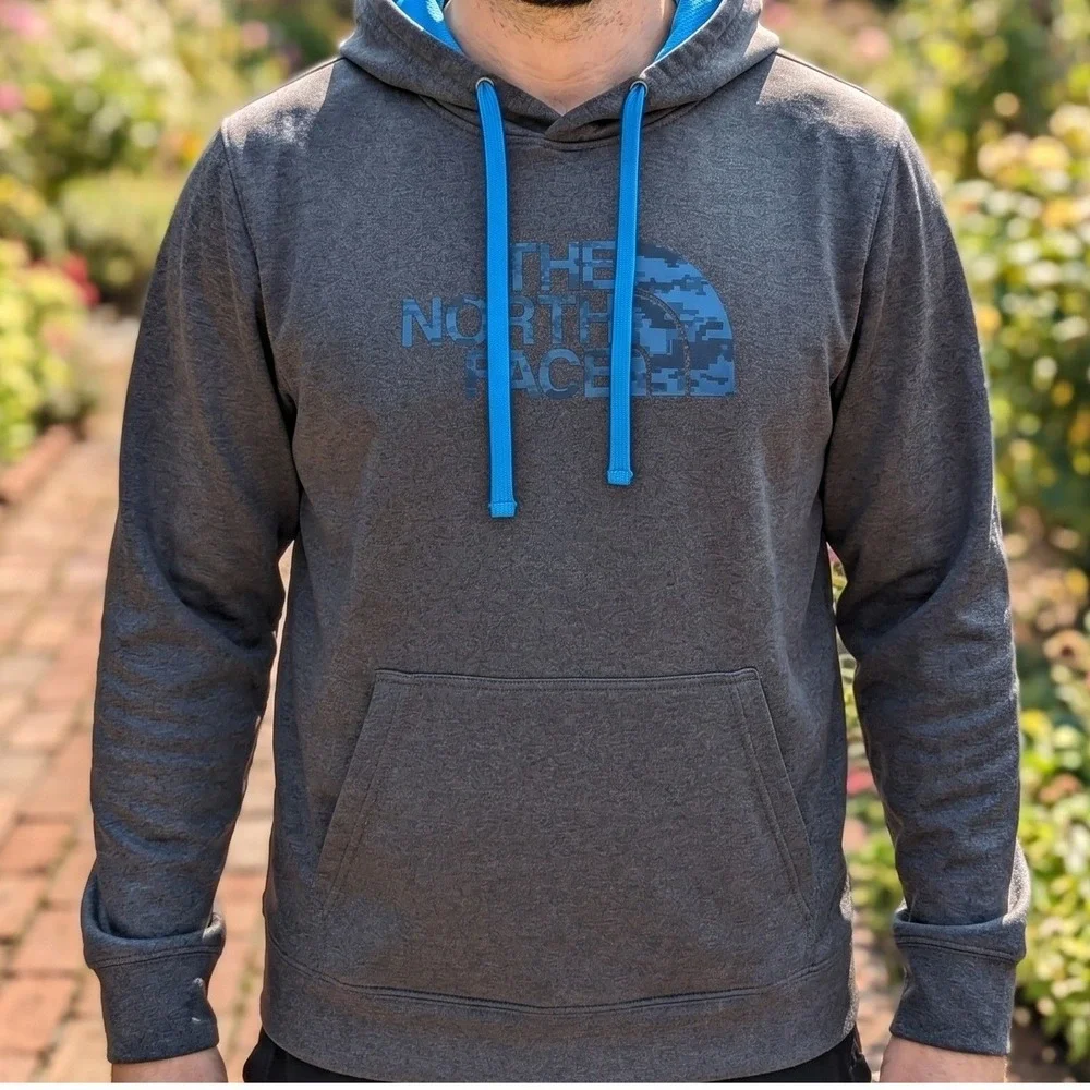 The North Face Mens Hoodie Charcoal Gray Blue Camo Logo Pullover XL 5051